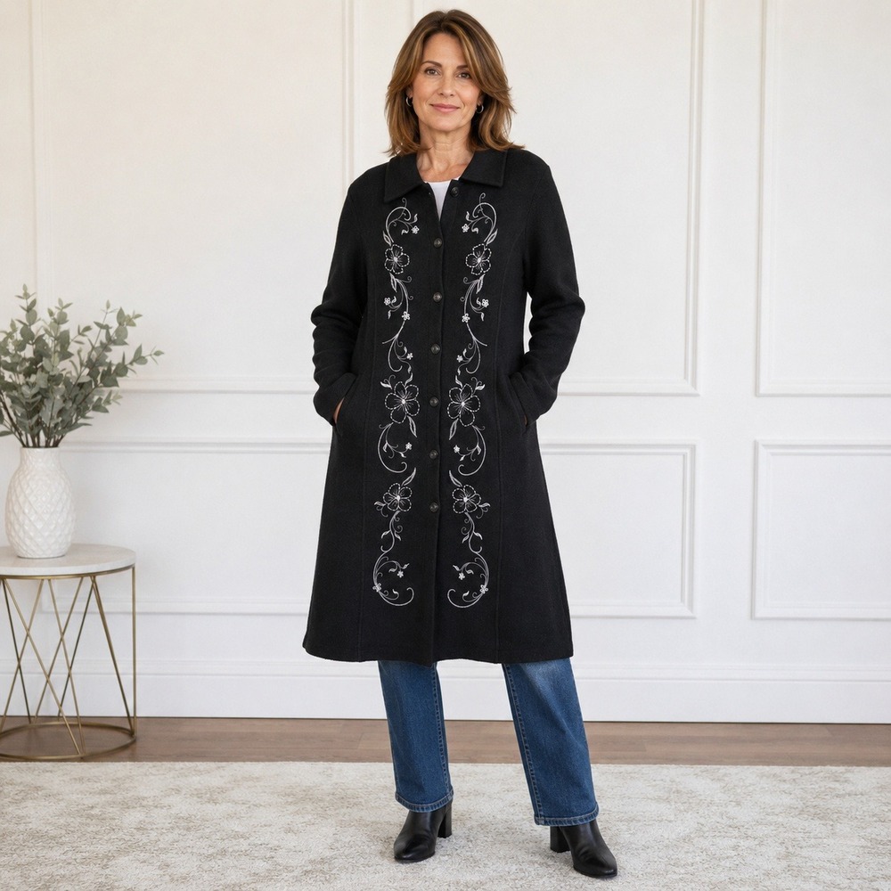 Classic Elements L 14-16 Black Wool Floral Embroidered Long Coat